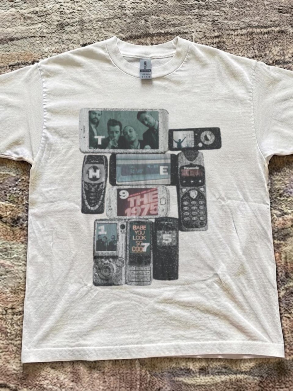 Gildan White Band Tee with Retro Phone Collage